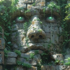 Peridot eyes of a stone sentinel guarding the entrance to an enchanted maze vines creeping over ancient ruins