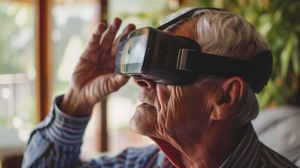 Senior woman using VR goggles, Virtual reality, apple vision 