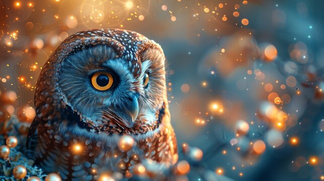 Pearls on a mirror under the stars where a lone owl perches its wise gaze captured in the mirror surrounded by the celestial glow of the pearls