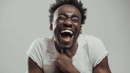 Positive and joyful Afro American male with fine crop of hair bursting into laughing holding his hands on stomach cant stopping laughing after hearing funny anecdote Positive emotions  : Generative AI - obrazy, fototapety, plakaty