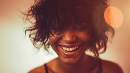 Indoor portrait of beautiful brunette young darkskinned woman with shaggy hairstyle smiling cheerfully showing her white teeth to camera while feeling happy and carefree on her first d : Generative AI - obrazy, fototapety, plakaty