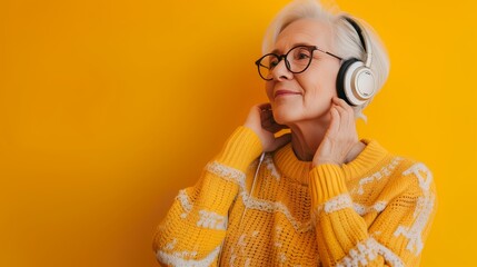 Senior woman listening to music, wearing headphones