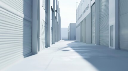Industrial Zone. Thin streets between production buildings. Hangar for warehouse with open gates. Exterior of buildings in industrial area. Concept of renting hangar in industrial area : Generative AI - Powered by Adobe
