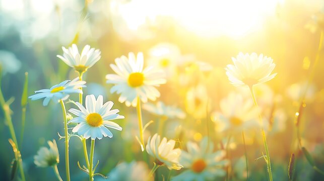 Chamomile flowers field wide background in sun light Summer Daisies Beautiful nature scene with blooming medical chamomilles Alternative medicine Camomile Spring flower background Beau : Generative AI
