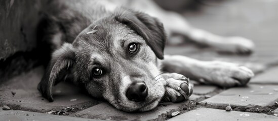 A monochrome photograph of a grey dog laying on the ground, showcasing its whiskers and distinctive dog breed characteristics. A stylish and timeless portrayal of a terrestrial carnivore - obrazy, fototapety, plakaty