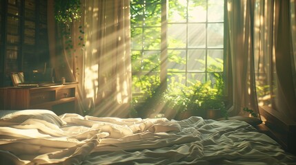 A bedroom with a bed and a large window, sunlight streams through the expansive window, casting...