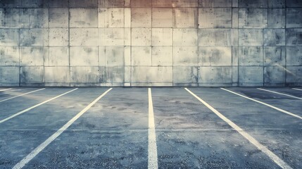 Line of several empty parking lots in an open garage with concrete wall : Generative AI
