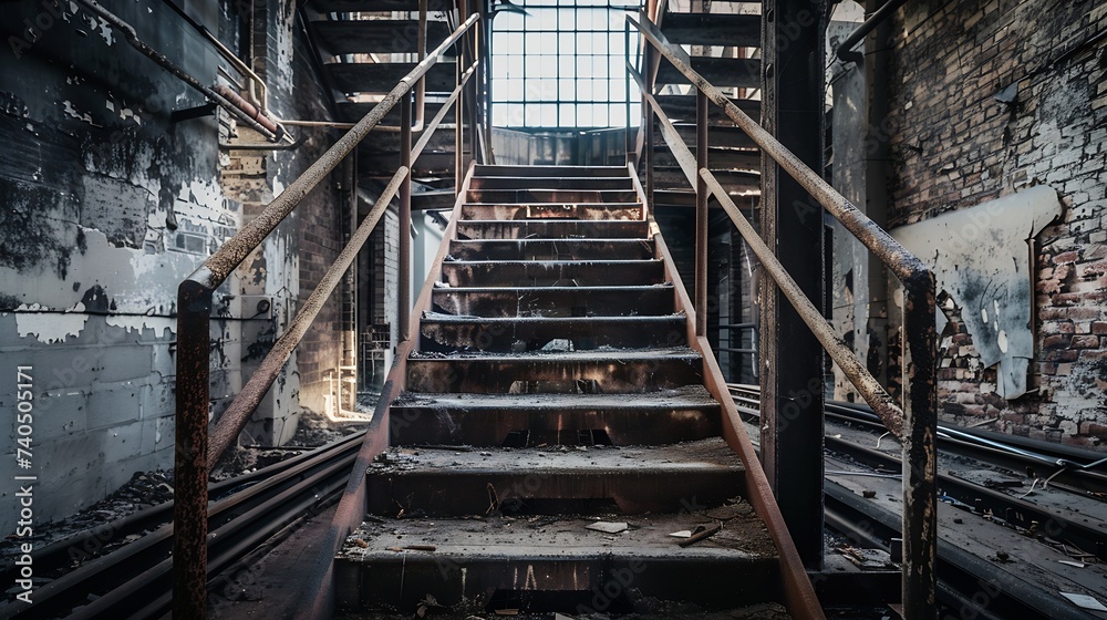 Poster old staircase in an abandoned factory and tracks : generative ai