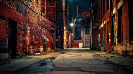 Down an industrial street behind a vintage multiple story red brick blue collar warehouse with lights in a depressed urban area of St. Louis Missouri : Generative AI