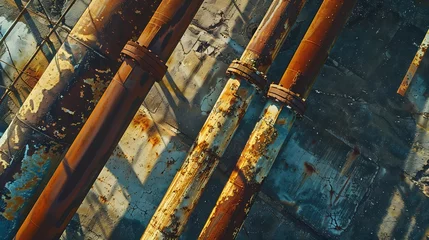 Poster An aerial close-up of the rusting pipes of an old abandoned factory on a sunny day. : Generative AI © Generative AI