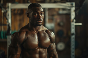 Fototapeta na wymiar Portrait of Young adult bodybuilder standing in gym