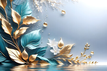 golden and blue Leaves with water drops fall, 3d metallic style. Abstract Design free space minimalistic background - obrazy, fototapety, plakaty