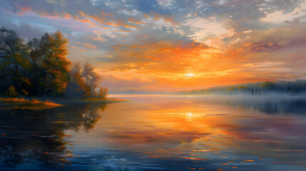 Lifelike representation of a calm lakeside sunset,
Tranquil scene of autumn forest by pond