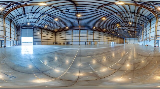 full seamless spherical hdri panorama 360 degrees in interior of large empty room as warehouse or hangar in equirectangular projection. VR AR concept : Generative AI