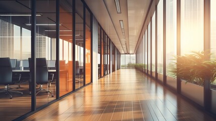 Contemporary office space: expansive corridor with blurred room background, ideal for business...