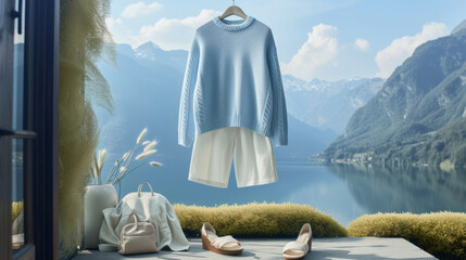 An ultrasoft cashmere sweater in a pale blue hue paired with highwaisted white denim and slideon sandals a relaxed and luxurious look for a day spent admiring a tranquil mountain