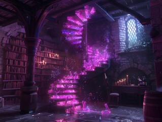 Neon ribosomes crafting spells instead of proteins in a wizards tower filled with magical scrolls and potions