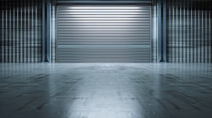 Roller door or roller shutter using for factory, warehouse or hangar. Industrial building interior consist of polished concrete floor and closed door for product display or industry ba : Generative AI - Powered by Adobe