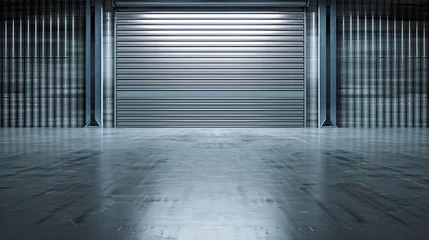 Foto op Plexiglas Roller door or roller shutter using for factory, warehouse or hangar. Industrial building interior consist of polished concrete floor and closed door for product display or industry ba : Generative AI © Generative AI