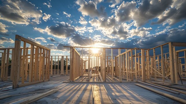 The structure of wood framing at construction site against a vast cloudy sky with bright sun behind. New build home at empty lot. framework ready for wall and roof install. Real estate : Generative AI