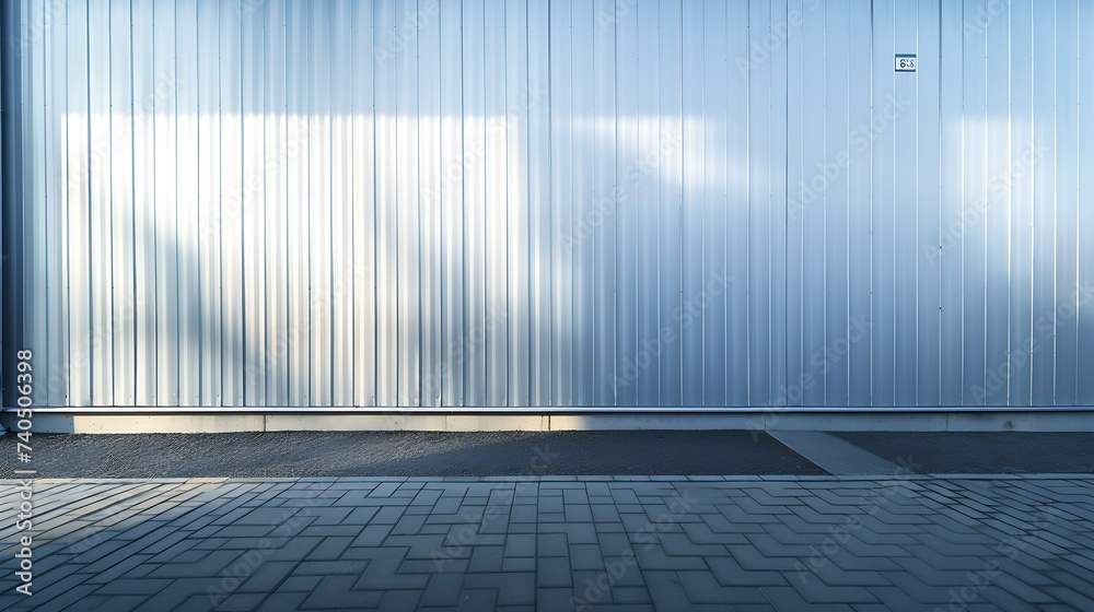 Wall mural exterior wall of warehouse made of aluminum sheet and paved road in outdoor area as background image