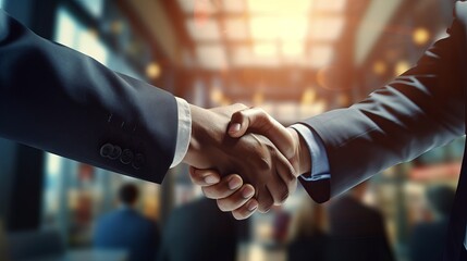 Two successful businessmen shake hands in celebration of merger and acquisition - symbolizing teamwork, negotiation, and partnership

 - obrazy, fototapety, plakaty