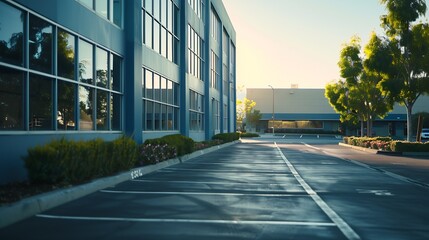 An office building with a empty parking lot : Generative AI - obrazy, fototapety, plakaty