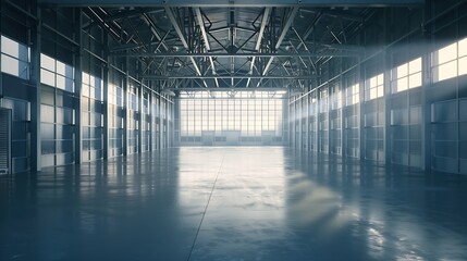 Empty industrial building. Hangar with high ceiling. Business premises. Factory building view from...