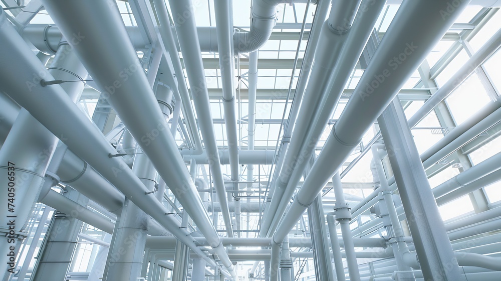 Aufkleber tangled web of metal pipes and beams indoors for industrial area with white poles and background wal