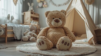 A large stuffed bear toy in the interior of a children's room with a teepee. Wooden horse gurney, bunny chairs, the oversized stuffed bear sits in the center of the room