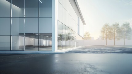 Modern new factory building with empty asphalt floor. 3d rendering : Generative AI