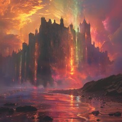 Obsidian castle shimmering with a rainbow moat reflecting a spectrum of colors in its dark polished walls