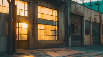 Outside view of a small, empty warehouse in an industrial area : Generative AI