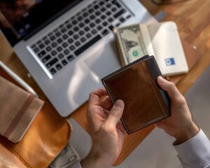 Hand holding wallet and notebook next to laptop, inflation rate concept