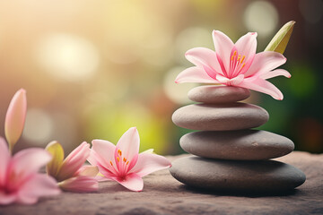Obraz na płótnie Canvas Pink flowers rest on spa rocks. Gives a comfortable feeling