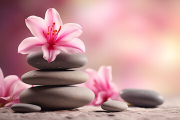 Naklejka na ściany i meble Pink flowers rest on spa rocks. Gives a comfortable feeling