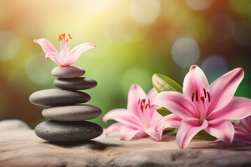 Pink flowers rest on spa rocks. Gives a comfortable feeling - obrazy, fototapety, plakaty