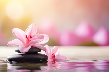 Obraz na płótnie Canvas Pink flowers rest on spa rocks. Gives a comfortable feeling