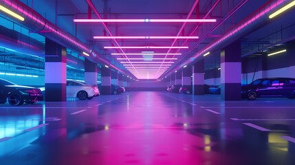 Area with parking places in new underground parking. : Generative AI - obrazy, fototapety, plakaty