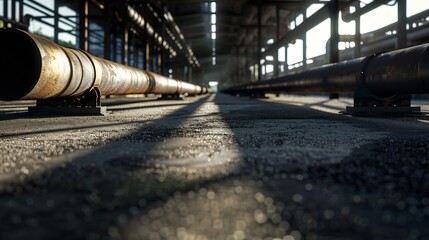 Empty road surface floor with old abandoned closed steel steelworks of pipelines : Generative AI - obrazy, fototapety, plakaty