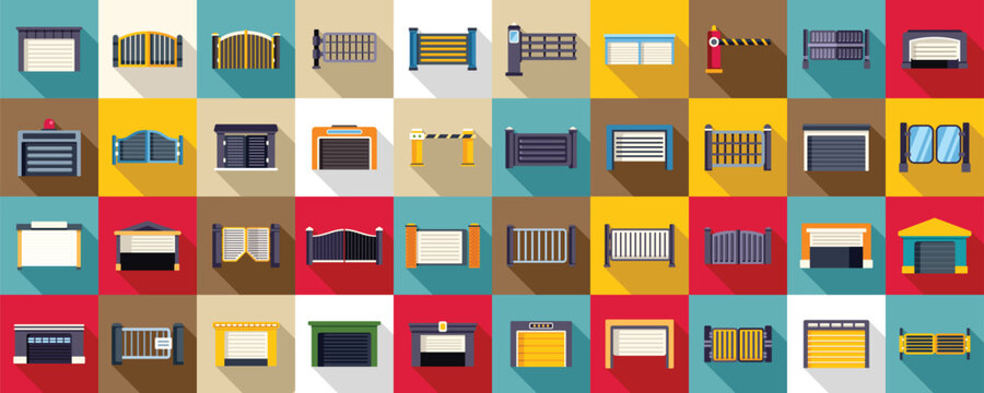 Automatic gates icons set flat vector. Security car. Industrial building gate road