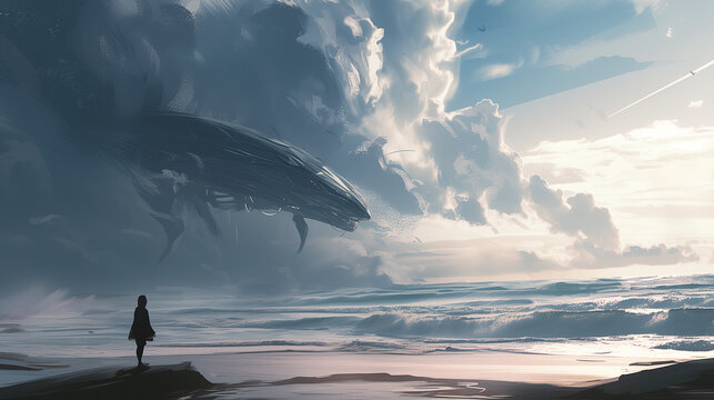 Solitary figure on beach with a surreal encounter of a giant whale in the sky, concept for fantasy, dreamscape and artistic wallpaper