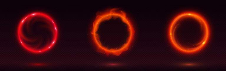 Magic circle portal with fire, neon glow and sparks on black background. Realistic vector illustration set of light ring with red and orange hot flare glow effect. Bright round border with flame.