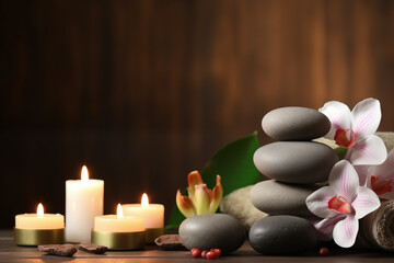 Beautiful composition with spa stones on wood marble table
