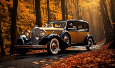 Fototapeten Vintage Car Driving Through Wooded Road © uhdenis
