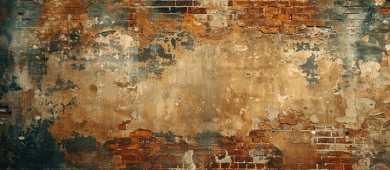 This photo captures an old brick wall with peeling paint, showcasing a weathered and vintage abstract background. The aged brown bricks add character and texture to the scene.