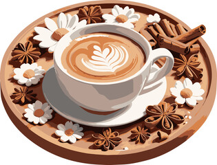 Isolated cappuccino latte art coffee cup decorated with cinnamons and daisy flowers isolated illustration on transparent background svg, design element for food, drink, coffee shop, health
