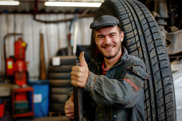 Smiling mechanic showing thumbs up with car tire in the car repair shop