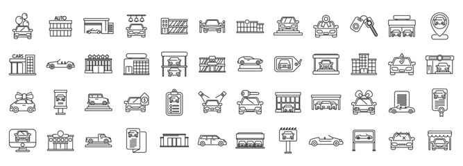 Car showroom icons set outline vector. Building dealer auto. Shop garage