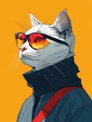 portrait of cute cat with sunglasses cosplay human, 960s space-age fashion